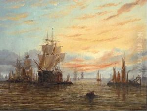 A Three-decker In A Busy Anchorage At Dusk by Adolphus Knell