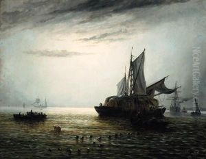 Shipping On A River Estuary By Moonlight by Adolphus Knell