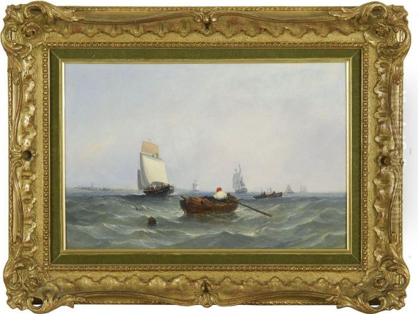 Man Rowing A Dory In A Busy Shipping Channel - view 1