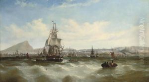 A Merchantman Preparing To Leave
 Her Anchorage Amidst Othershipping Off Leith, With A Panorama Of 
Edinburgh Beyond