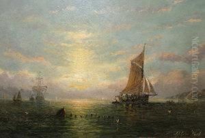Shipping At Sunset With A Distant Man-o-war by William Adolphu Knell