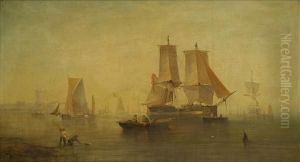 Fishingboats And Merchantmen Off A Dutch Harbour by William Adolphu Knell