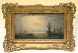 A Calm Sea With Sailing Vessels At Moonlight by William Adolphu Knell