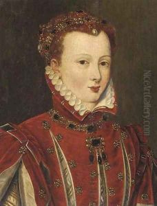 Portrait of a lady, thought to be Mary Queen of Scots (1542-1587), bust-length, in a red slashed doublet and jewelled headdress