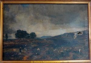 A Woman And Child Walking In A Moorland Landscape