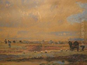 Extensive Landscape With Working Figures And Horses by John William Buxton Knight
