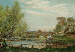 A River Landscape In Summer With A Horse And Cart Crossing A Bridge by John William Buxton Knight