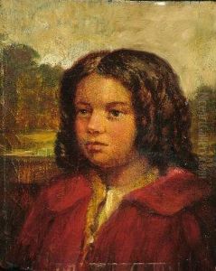 A Bust Portrait Of A Small Girl Wearing A Red Coat And A Landscape In The Background