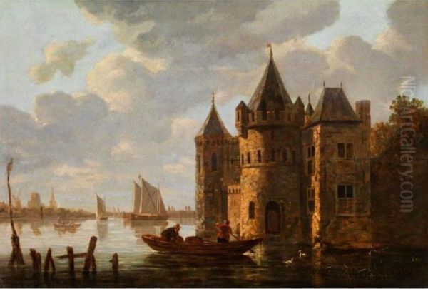 Niederlandische Kanallandschaft Mitburggebaude Am Ufer, Kahn Und Segelschiffen - view 1