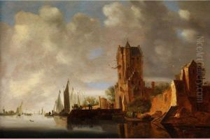 Flusslandschaft Mit Stadtturm Und Alter Stadtmauer Am Ufer