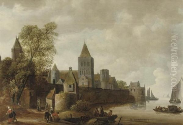 A Fortified Town By A River With Figures In Boats - view 1