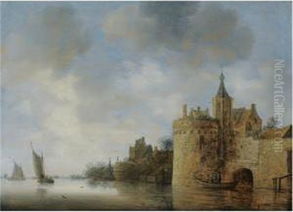 A River Estuary With Two
Fishermen In A Rowing Boat Near A Fortified Town, Sailing Vessels Beyond - view 1