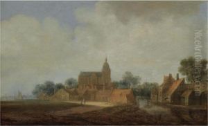 A View Of A Dutch Village With A Church, Figures Conversing On A Path, Shipping Nearby