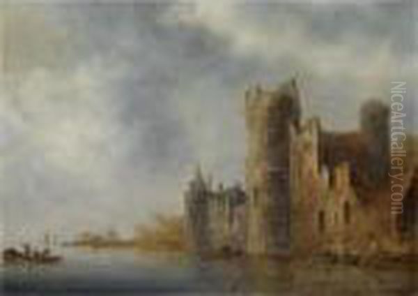 A River Landscape With A Ruined Castle And Men Casting A Net From A Rowing Boat - view 1