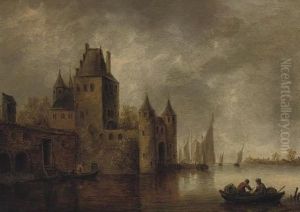 A River Landscape With A City Gate, Shipping Nearby