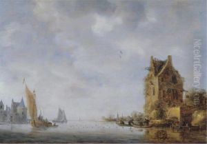 A River Landscape With Barges And Smalschips, A Fortified Town In The Distance