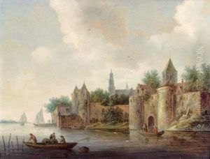 Citta Fortificata Fluviale Con Imbarcazioni Di Pescatori