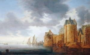 Flusslandschaft Mit Befestigtem
 Stadtchen.