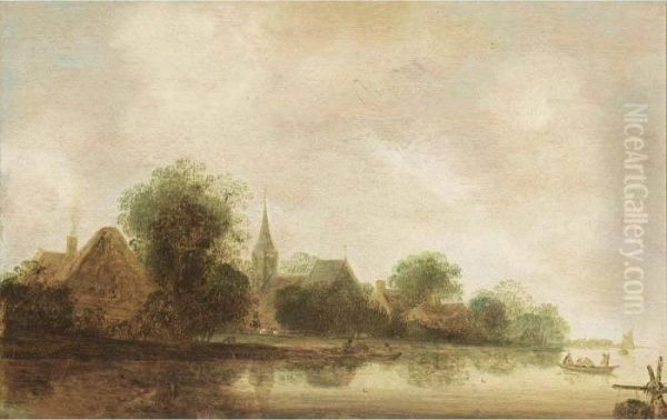 A River Landscape With Rowing Boats Near A Village And A Church - view 1