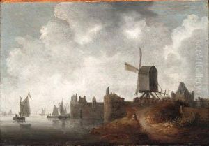 A River Landscape With A Windmill By A Town