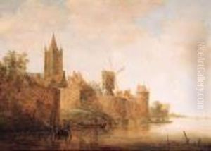 A View Of Delft From The River 
Schie, With The Oude Kerk, Thesteckmeulen And The Bagyntoren; Fishermen 
In Rowing Boats And Aferry Near Landing Stages Nearby
