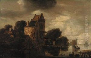 A River Landscape With Fishermen At A Landing Stage By A Tower,sailing Vessels Beyond