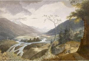 Travellers In A Mountainous Landscape by Joseph Augustus Knip