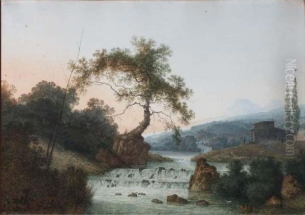 A Mountainous River Landscape With A Waterfall by Joseph Augustus Knip