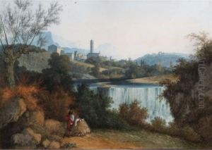 A River Landscape With A Village
 And A Tower In The Background, A Hunter With His Dog Resting