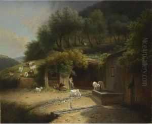 A Wooded Hilly Landscape With A 
Shepherd Resting In A Grotto With His Herd And A Donkey, Near A Fountain
 With Another Shepherd In The Background