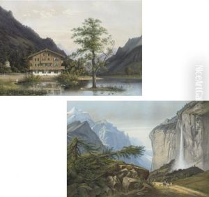 A Chalet Near A Mountain Lake; Strolling By The Waterfall