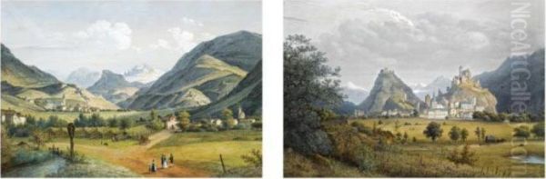 A Village In The Mountains; Figures In A Mountainous Landscape (a Pair) - view 1
