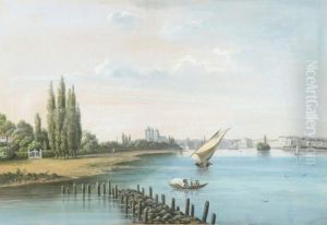 Italianriverlandscape With Some
Sailing Boats, On The Left A Park And Atown At The Horizon by Henri Knip