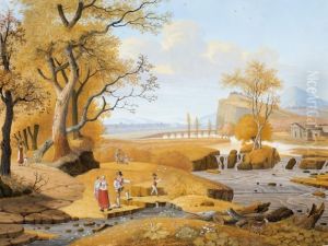 Arcadian Landscape With A Well And A Waterfall