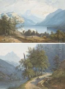 A View Of An Alpine Lake With A Shepherd And His Flock
