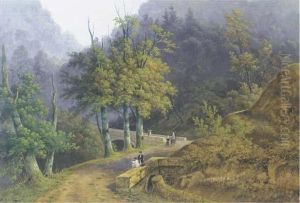 A Mountainous Wooded Landscape With A Draughtsman by Henri Knip