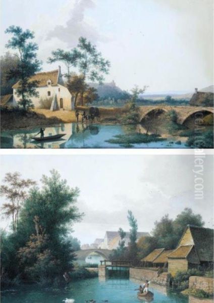 A Pair Of River Landscapes: With Peasants Fishing And Journeymen Watering Their Donkeys - view 1