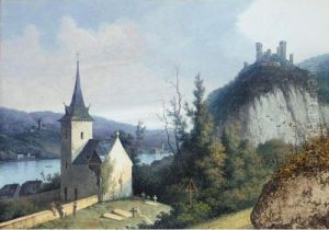 A Rhine View With A Church And A Ruined Castle On A Hill (possibly Oberwesel)
