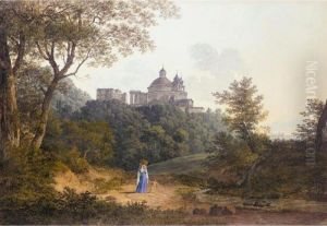 View Through Trees To The Church
 Of Sta Maria Dell'assunzione And The Palazzo Chigi At Ariccia