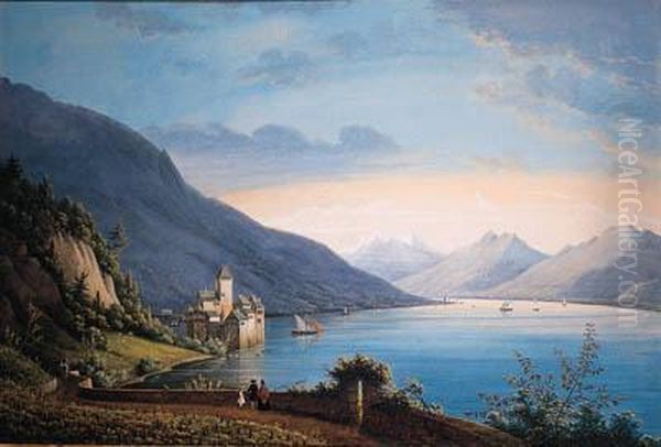 A View Of The Lake Of Geneva, 
With People Near A Vineyard In Theforeground Looking At Sailing-boats 
And A Castle Beyond - view 1