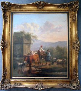 Hirtenpaar Mit Kuhen Und Schafen In Italienischer Landschaft
