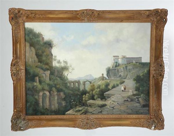 Two People Walking By Classical Ruins With A Building In The Background - view 1