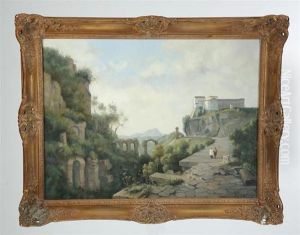 Two People Walking By Classical Ruins With A Building In The Background