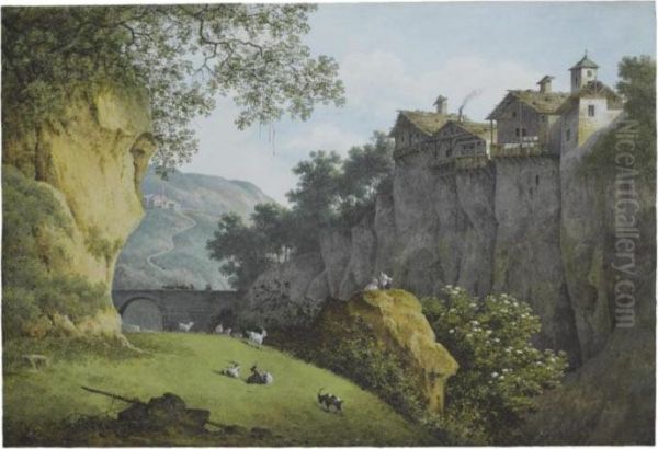 View Of A Ravine In The
Mountains, Goats In The Foreground, Housesperched On A Cliff To The
Right - view 1