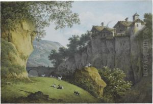 View Of A Ravine In The
Mountains, Goats In The Foreground, Housesperched On A Cliff To The
Right by Joseph Augustus Knip