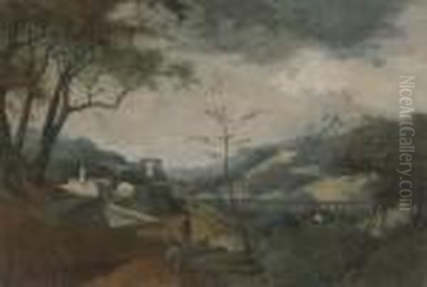 Travellers By An Aquaduct In A Mountain Landscape - view 1