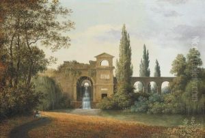 A View Of The Roman Fountain At 
Schwetzingen Palace, Heidelberg, A Painter Seated In The Foreground