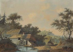 Un Paysage Avec Un Moulin A Eau
Pres D'un Ruisseau, Une Charette Et Des Figures Au Premier Plan by Joseph Augustus Knip