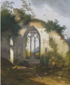 A Ruined Chapel With A Pig Sty, Poultry And A Peacock Sheltering In The Apse