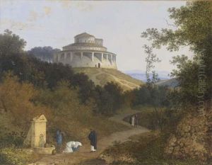An Extensive Landscape With 
Peasants And A Priest By A Fountain, A Circular Basilica On A Hill 
Beyond